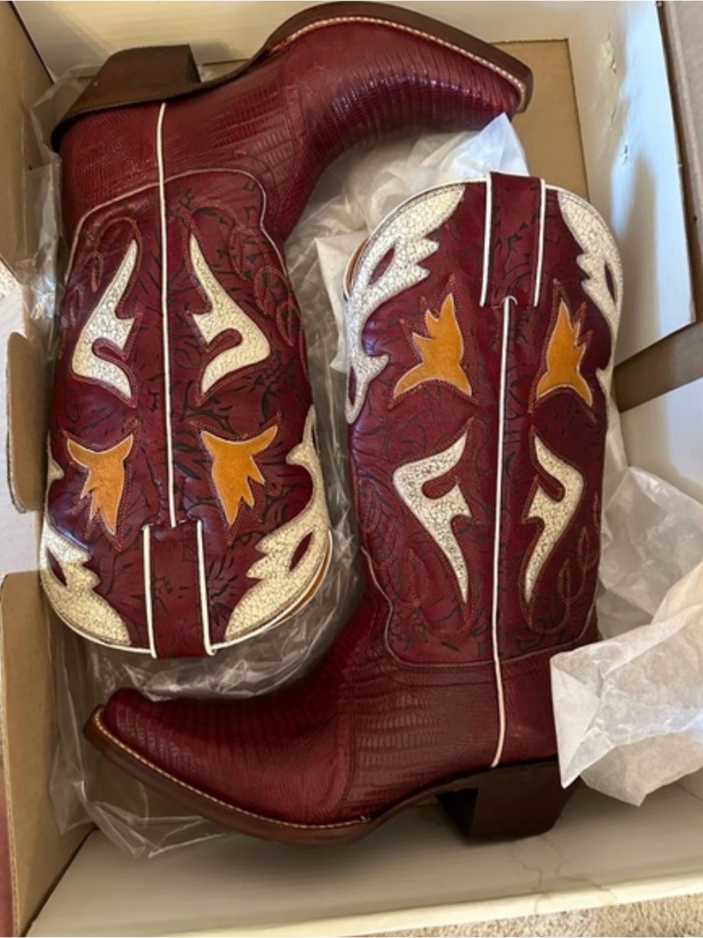 Frye Red Leather Western Boots with Tan & Cream Accents - Picture 2 of 6
